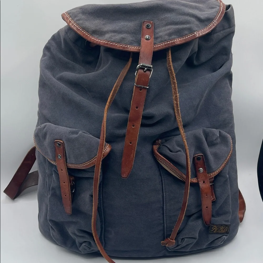 Polo Ralph Lauren Navy Canvas Brown Leather Trim Rucksack Backpack Vintage